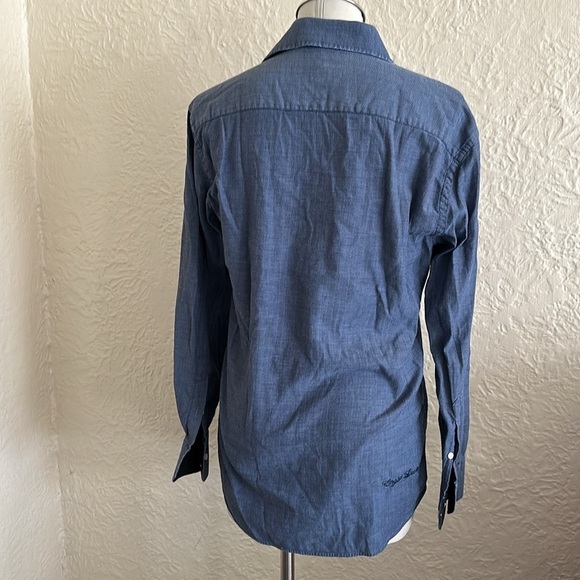 English Laundry Blue Herringbone Button Front Shirt Medium 15 15.5 x 34-35 - Picture 6 of 11